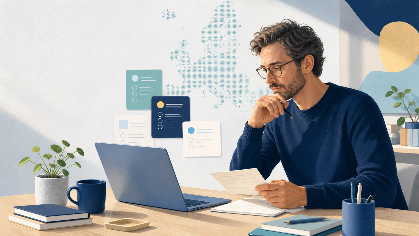Illustration of a researcher comparing survey participation information on a desk