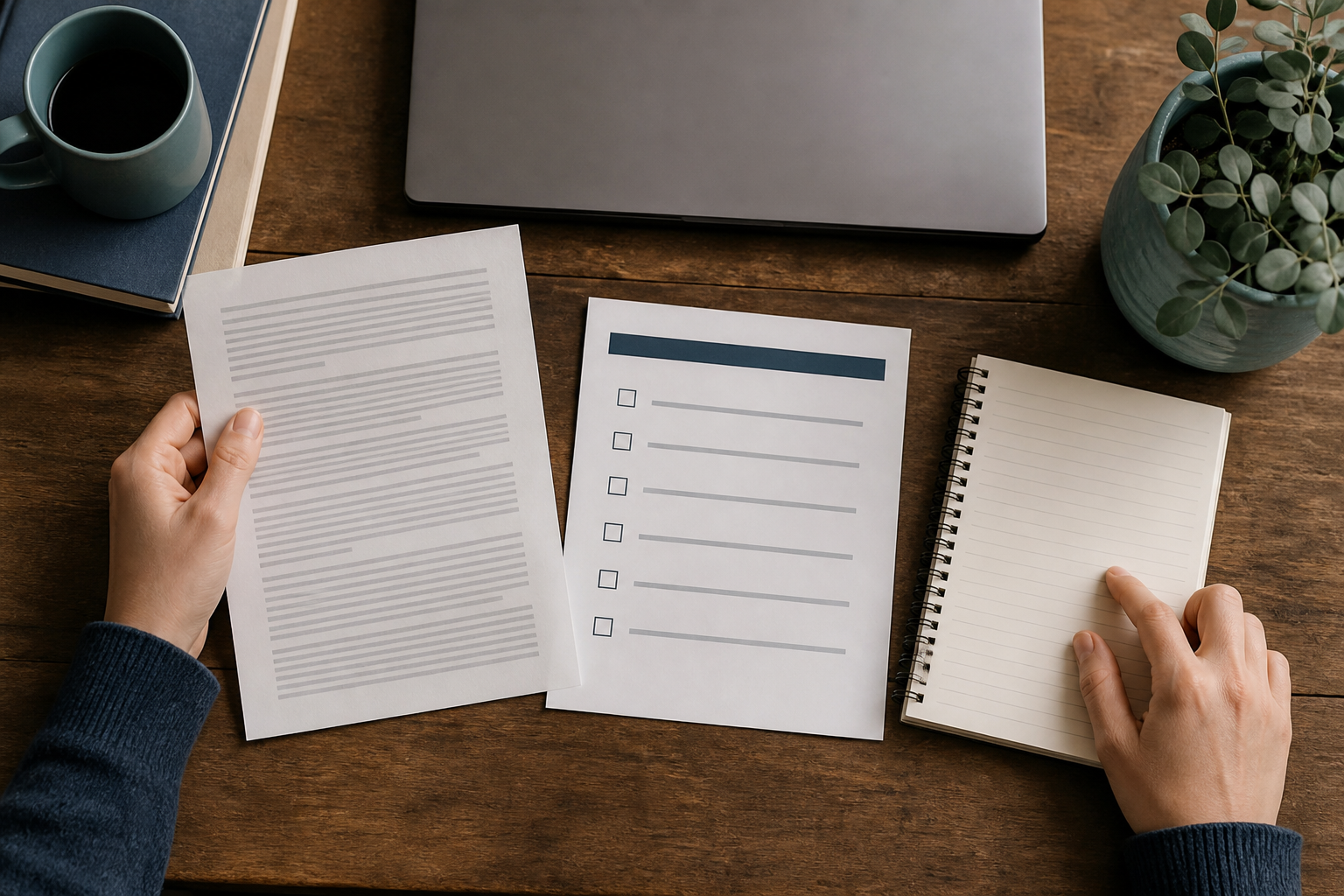 Hands comparing a privacy notice and checklist at a desk