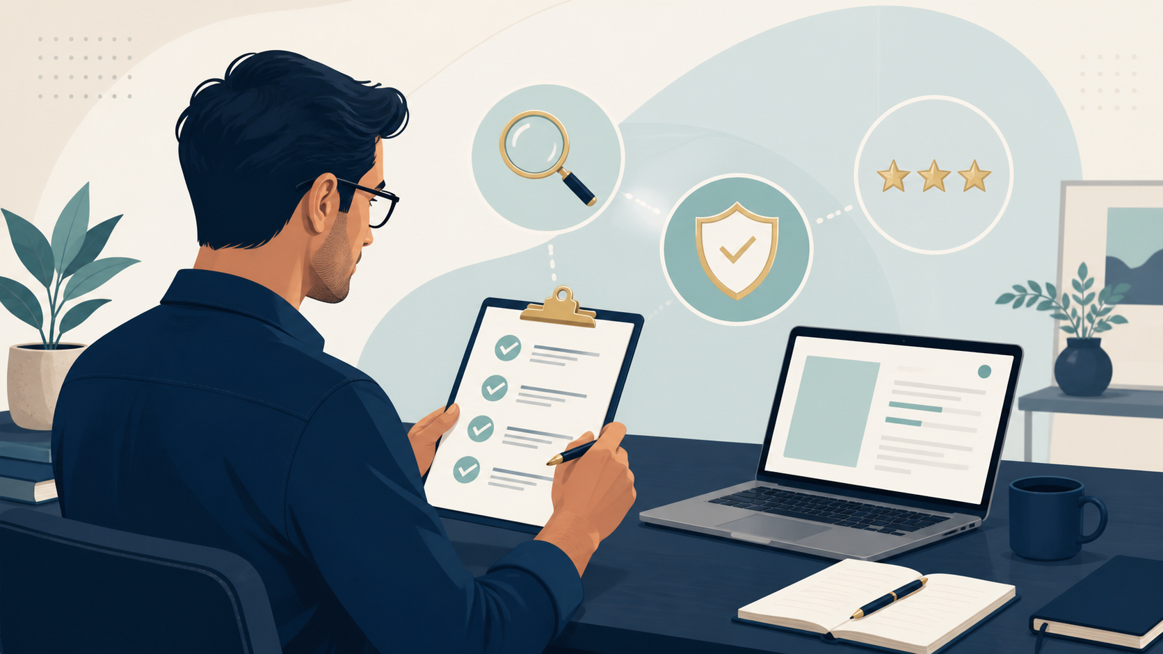 Illustration of an analyst reviewing a research checklist