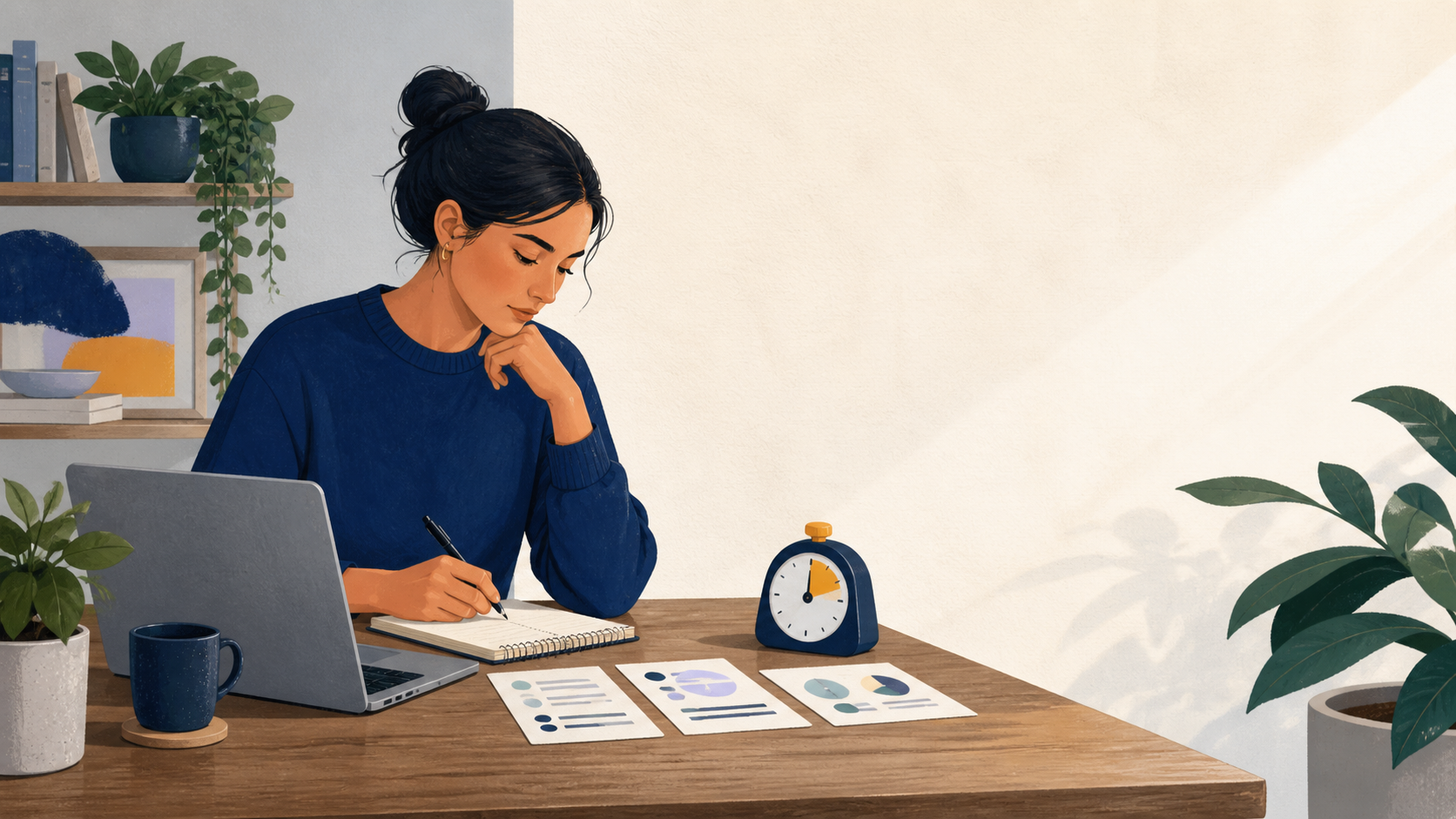 Illustration of a person planning survey participation with a notebook and laptop