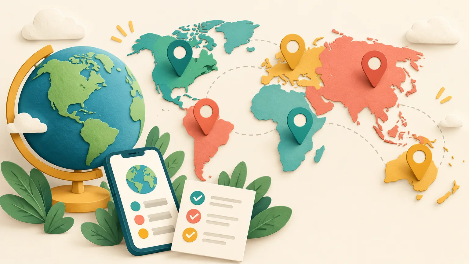 Illustrated globe and location pins representing country guides