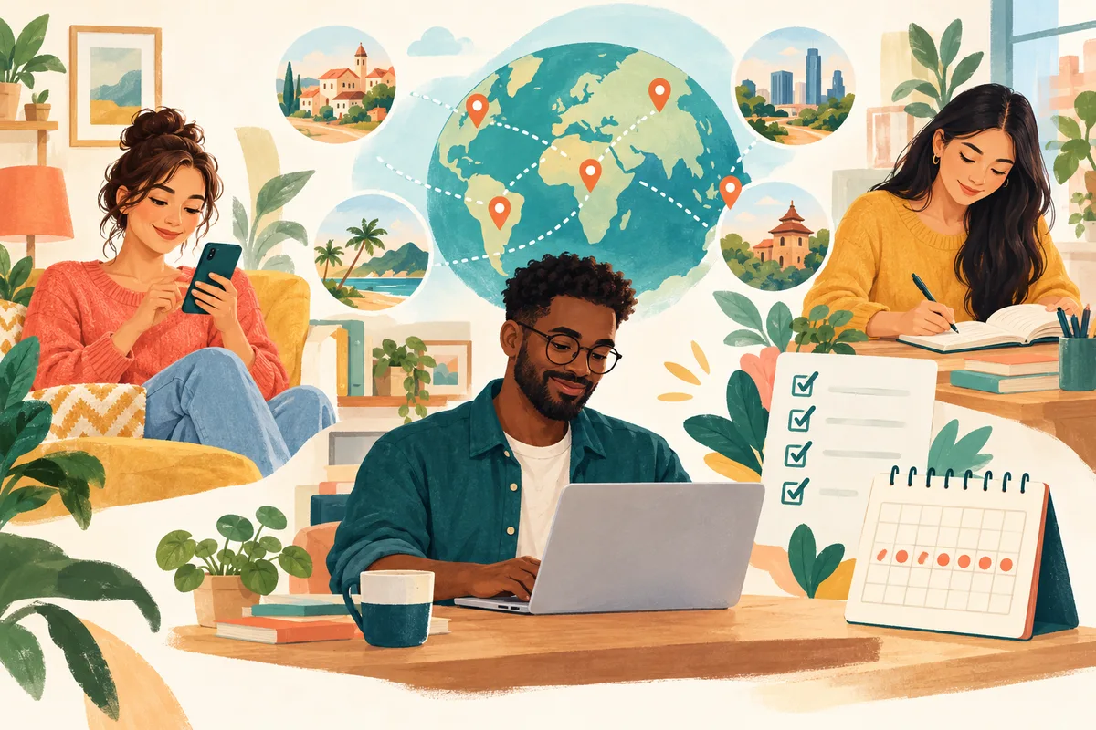Illustration of three people using a phone, a laptop and a notebook around a connected globe