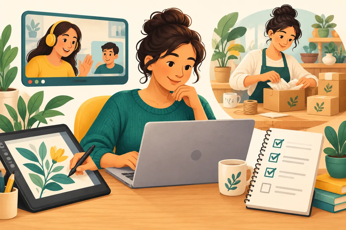 Illustration of creative work, online teaching and preparing products at home