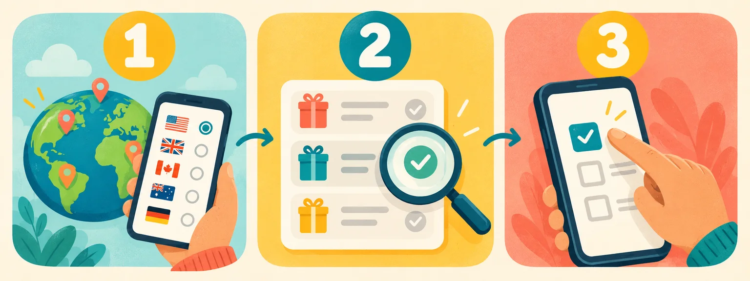 Illustrated steps: choose your country, check the reward, then try a suitable survey