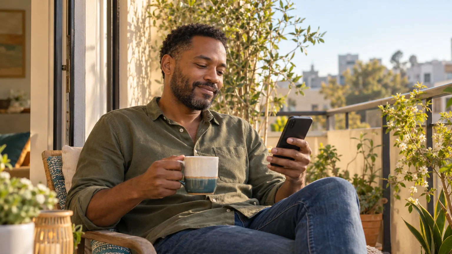 AI illustration of a man checking his phone during a tea break on a balcony